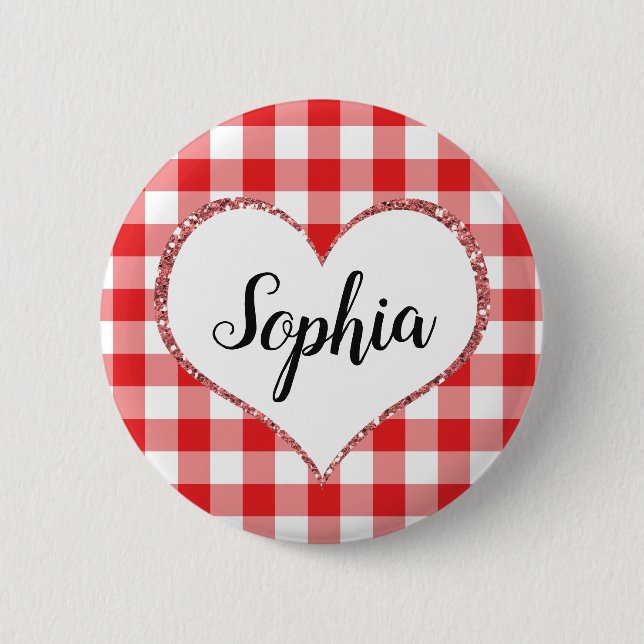 Valentine's Day Red Gingham Heart Custom Name 6 Cm Round Badge (Front)