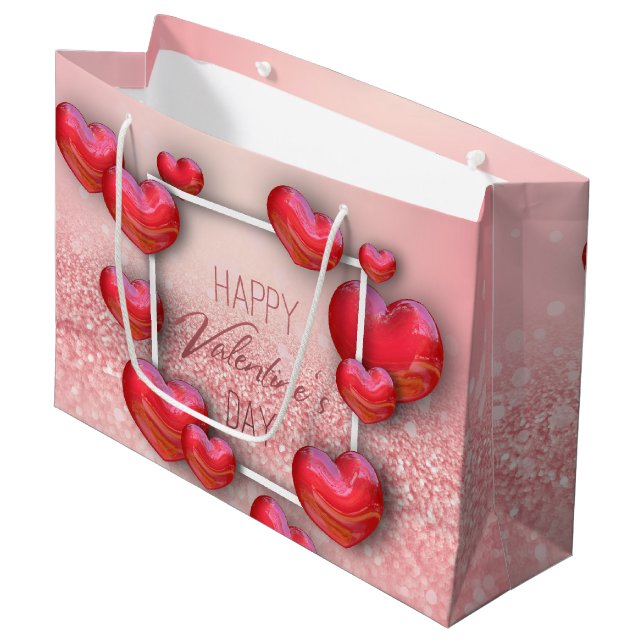 Valentine's Day Red Heart Glitter Large Gift Bag (Front Angled)