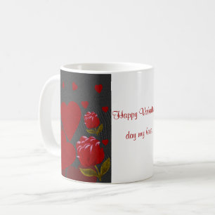Valentine's day, red heart, red rose on grey coffee mug