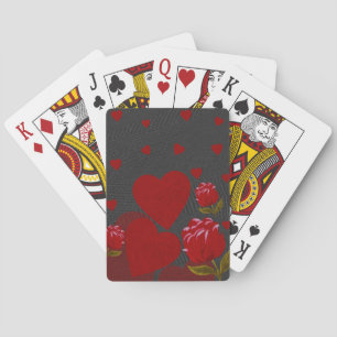 Valentine's day, red heart, red rose on grey playing cards