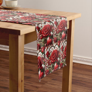 Valentine's Day Red hearts and Roses Floral  Short Table Runner
