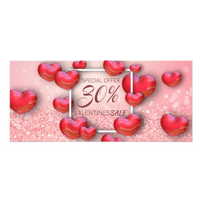 Valentine's Day Red Hearts Glitter Discount Card (Front)