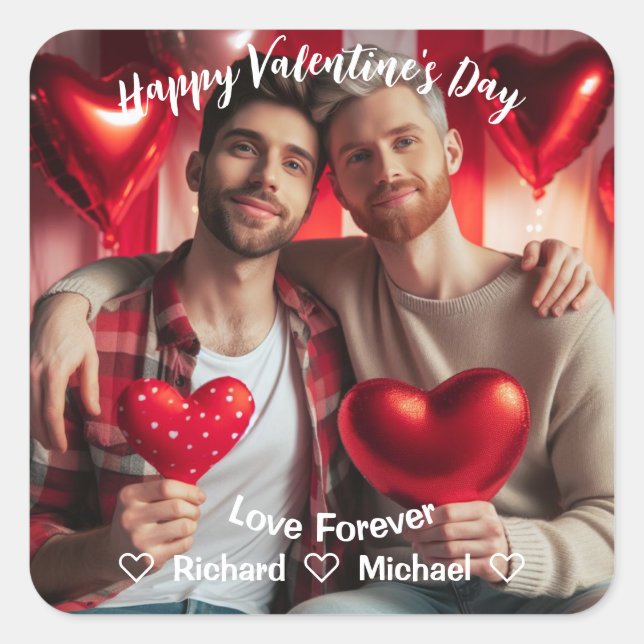 Valentines Day | Red Hearts LGBT Custom Photo  Square Sticker (Front)