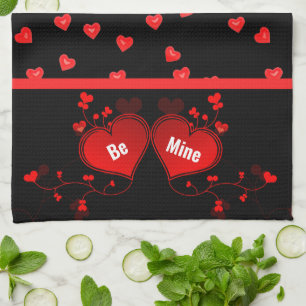  Valentine's Day Red Hearts on Black Tea Towel
