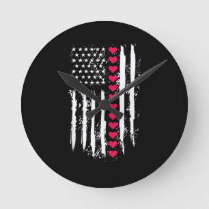Valentines Day Red Hearts US American Flag Patriot Round Clock