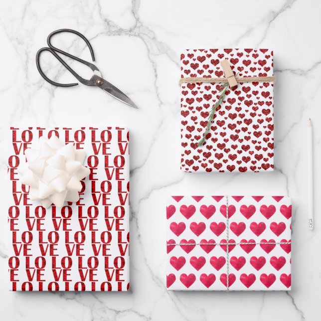 Valentines Day Red Love and Hearts Stylish Wrapping Paper Sheet (Front)