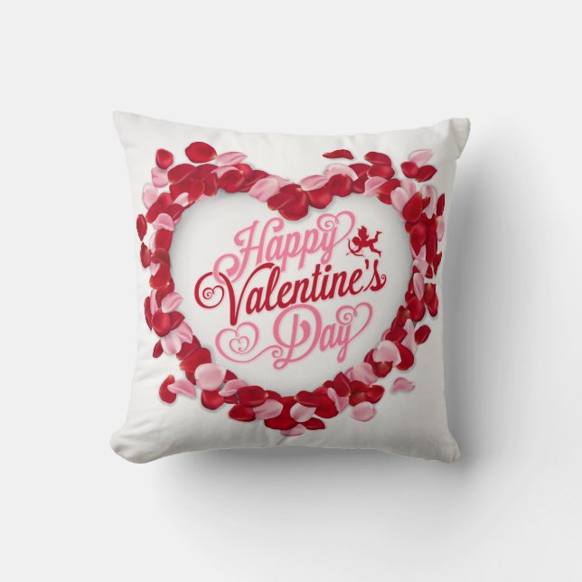 Valentine's Day Red Pink Rose Petals Heart White Cushion (Front)
