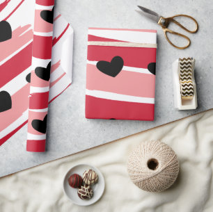 Valentines Day Red Pink Stripes Black Hearts Wrapping Paper