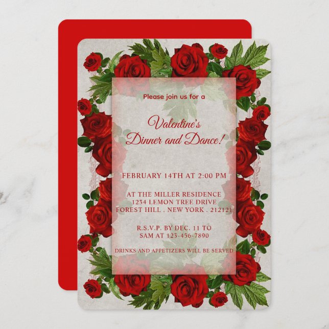 Valentine's Day Red Roses Frame Invitation (Front/Back)