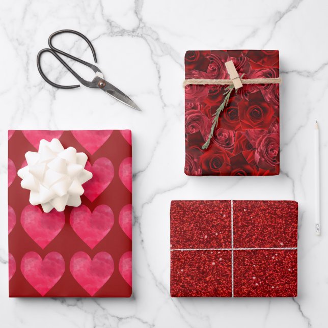 Valentines Day Red Roses Hearts Elegant Stylish Wrapping Paper Sheet (Front)