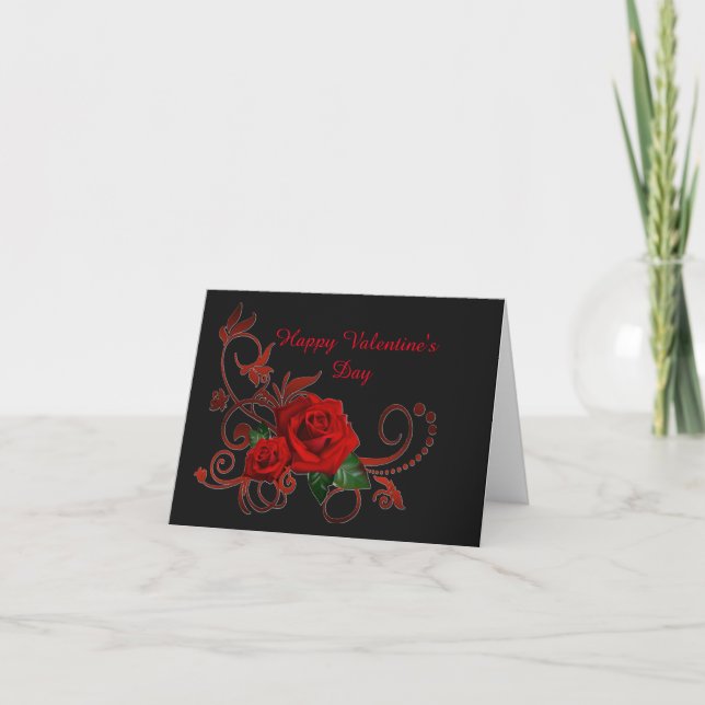 Valentine's Day Red Roses Red and Black Card (Front)