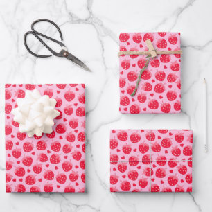 Valentine's Day Red Strawberries Red Hearts Pink Wrapping Paper Sheet
