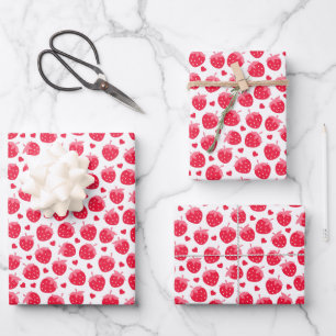 Valentine's Day Red Strawberries Red Hearts White Wrapping Paper Sheet