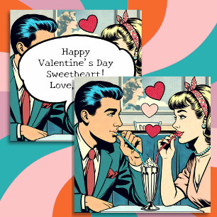 Valentine's Day Retro Couple Drinking Milkshakes Holiday Card