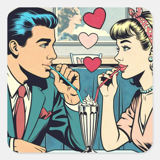 Valentine's Day | Retro Couple Drinking Milkshakes Square Sticker (Front)