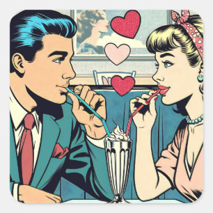Valentine's Day   Retro Couple Drinking Milkshakes Square Sticker