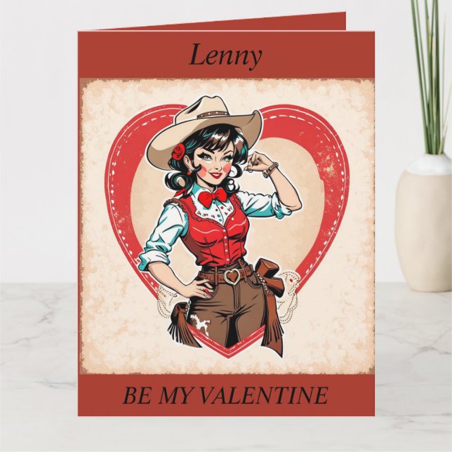 VALENTINE'S DAY Retro Cowgirl editable fold card (Front)