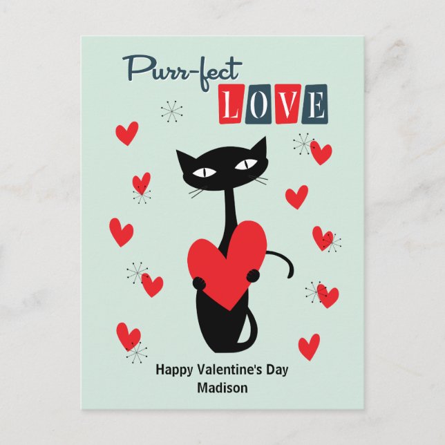 Valentines Day Retro Mid Century Cat Holiday Postcard (Front)