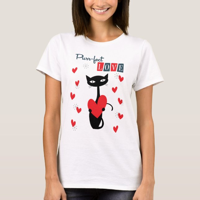 Valentines Day Retro Mid Century Cat T-Shirt (Front)