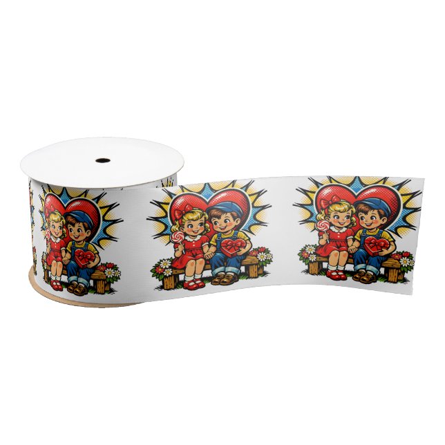 Valentine's Day | Retro Pop Art Boy and Girl Satin Ribbon (Spool)