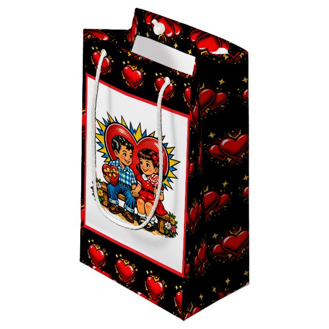 Valentine's Day | Retro Pop Art Boy and Girl Small Gift Bag (Front Angled)