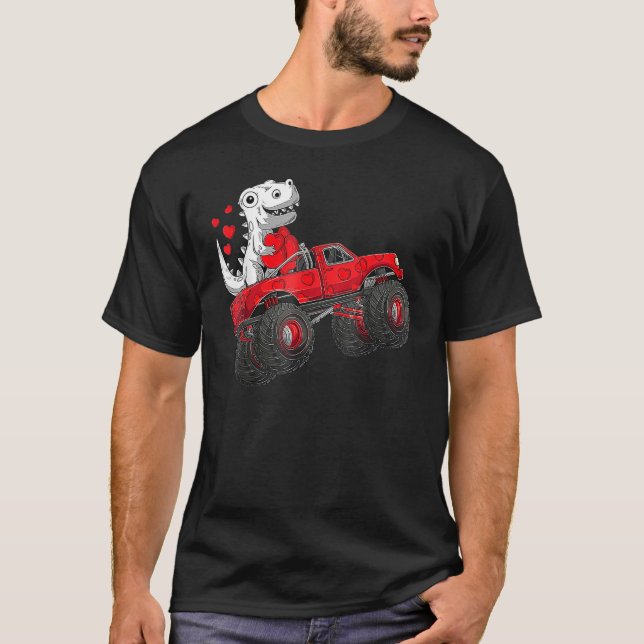 Valentines Day Rex Riding Monster Truck Boys Kids T-Shirt (Front)