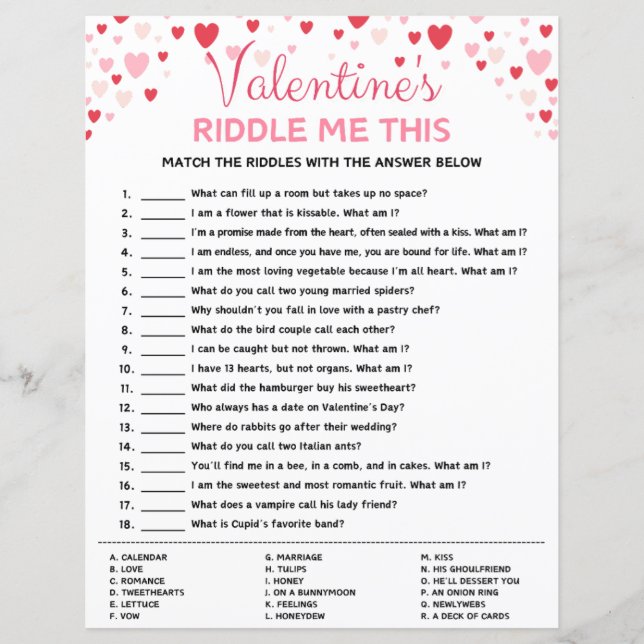 Valentine's Day Riddle Me This Game (Front)
