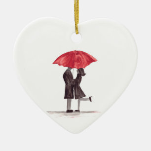 Valentine's day romantic couple with red umbrella  ceramic ornament