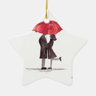 Valentine's day romantic couple with red umbrella ceramic ornament