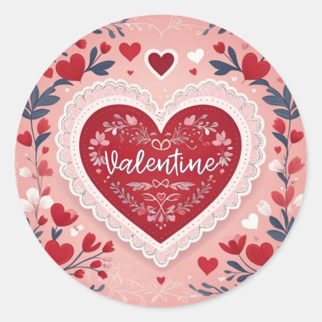 Valentine's Day Romantic Elegant Pretty Love Heart Classic Round Sticker (Front)