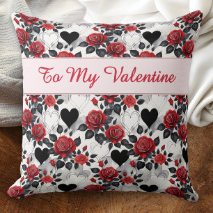 Valentine's Day Romantic Red Roses Black Hearts Cushion