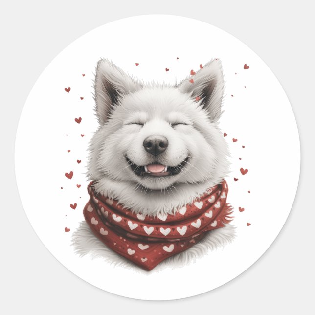 Valentines Day Samoyed Dog Classic Round Sticker (Front)
