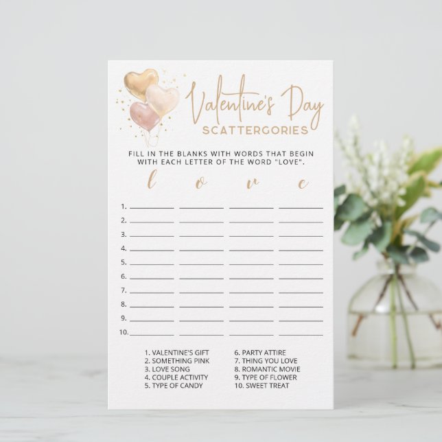 Valentine's day Scattergories editable game (Standing Front)