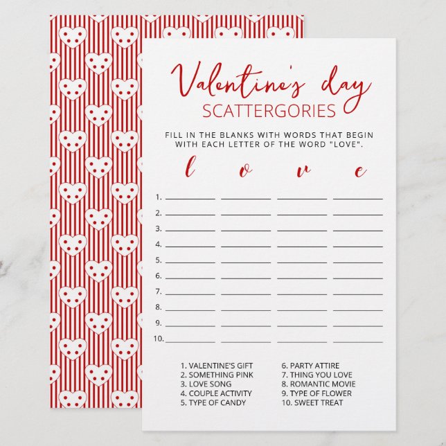 Valentine's day Scattergories editable game (Front/Back)