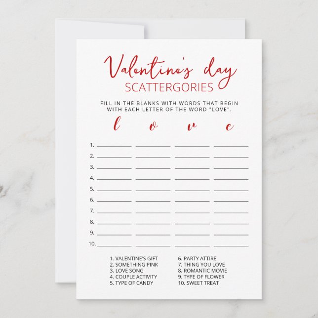 Valentine's day Scattergories editable game Card (Front)