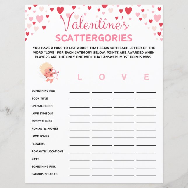Valentine's Day Scattergories Game (Front)