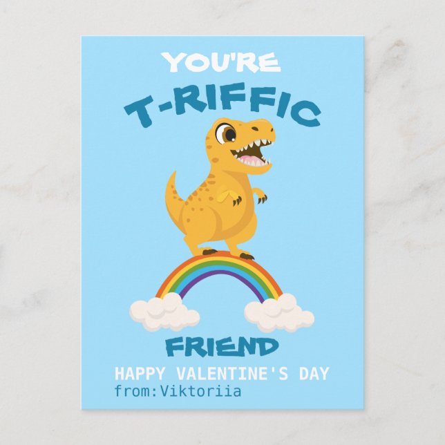 Valentine's day school t-rex dinosaur rainbow  holiday postcard (Front)