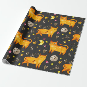 Valentine's day seamless pattern with cats, stars wrapping paper