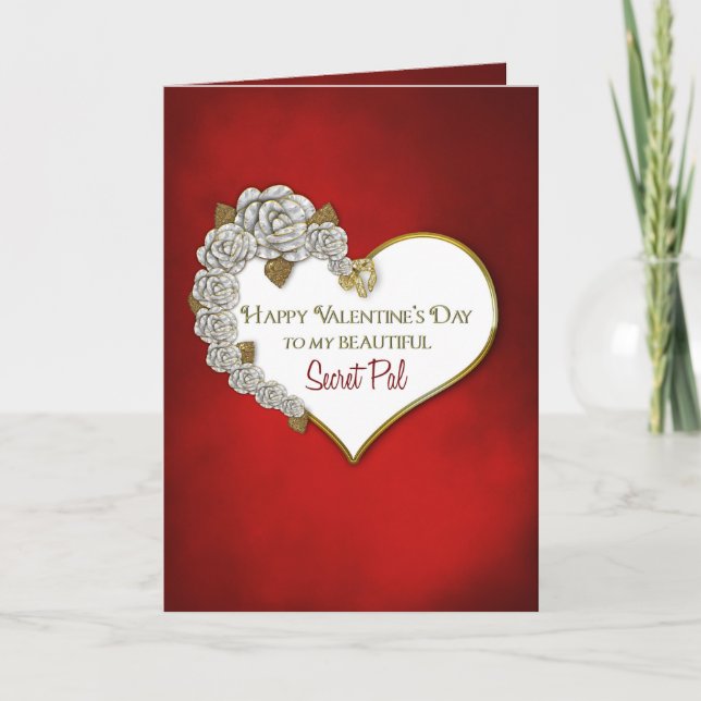 VALENTINE'S DAY - SECRET PAL-RED/WHITE/HEART/ROSES HOLIDAY CARD (Front)