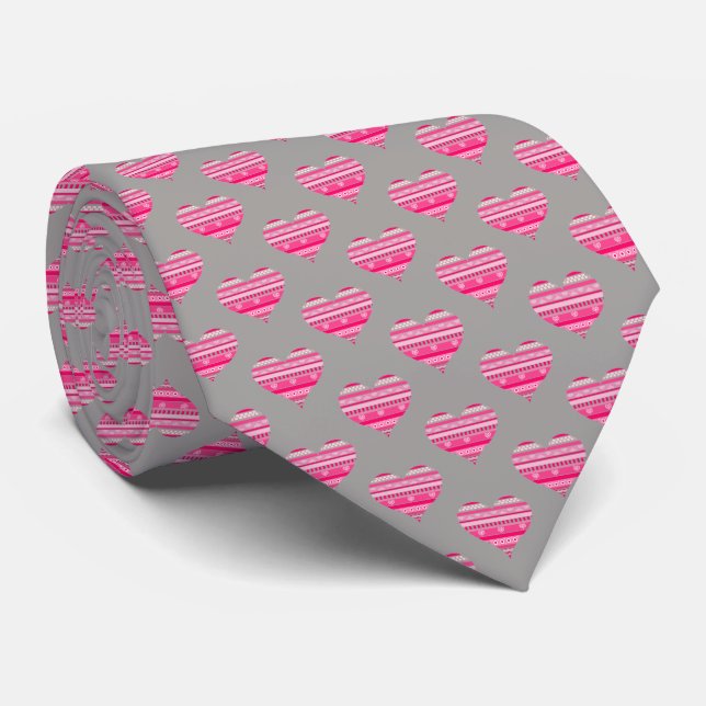 Valentine's Day Shades of Pink and Grey Hearts Tie (Rolled)