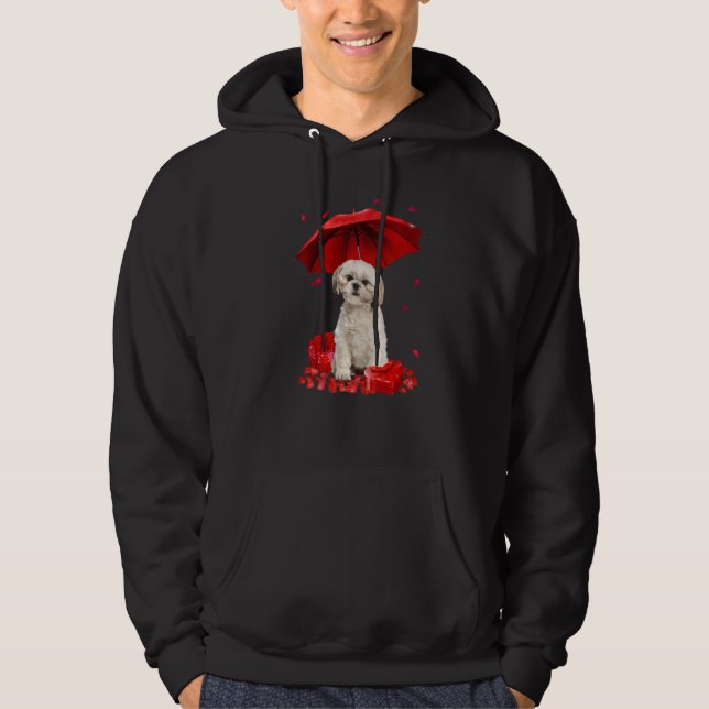 Valentines Day Shih Tzu Umbrella Heart Puppy Dog Hoodie (Front)