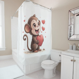 Valentine's Day Shower Curtain, Monkey Red Heart Curtain