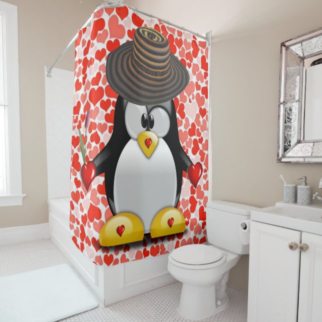 Valentine's Day Shower Curtain, Penguin Shower Curtain (In Situ)