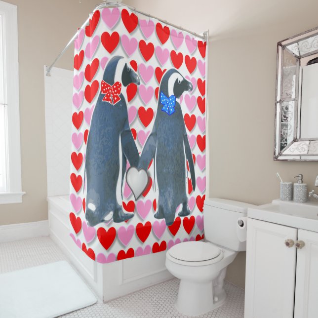 Valentine's Day Shower Curtain, Penguin Shower Curtain (In Situ)