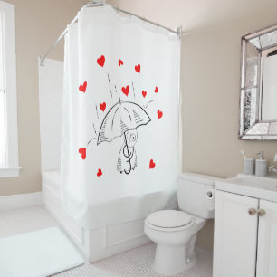 Valentine's Day Shower Curtain, Umbrella Red Heart Curtain