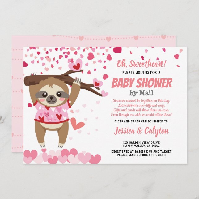 Valentines Day Sloth Girl Baby Shower By Mail Invitation (Front/Back)