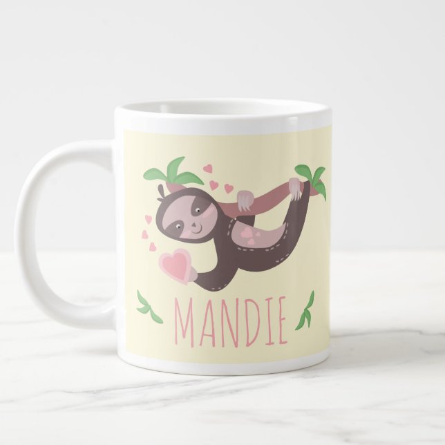 Valentine's Day Sloth Hearts Yellow Pink Large Coffee Mug (Left)