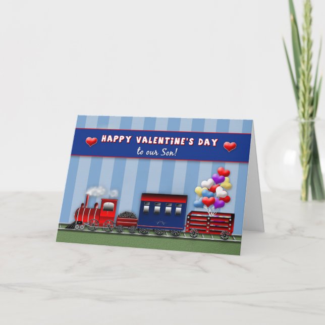 VALENTINE'S DAY - Son - Train- Heart Balloons Holiday Card (Front)