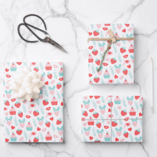 Valentine's Day Strawberry Cupcake Pink Heart Wrapping Paper Sheet
