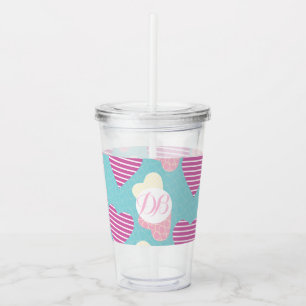 Valentines Day Striped Hearts Monogram Acrylic Tumbler